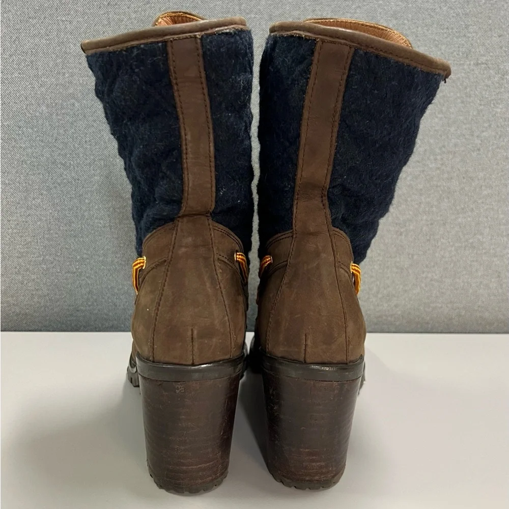 Hunter Henson Boots Navy Quilted Brown Oiled Leather Heeled Size 38 - Picture 6 of 14